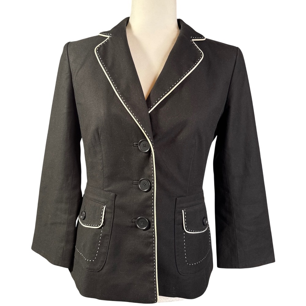 ANN TAYLOR Black‎ Blazer with White Contrast Stitching 3 Button Jacket Size 2 - Picture 2 of 9